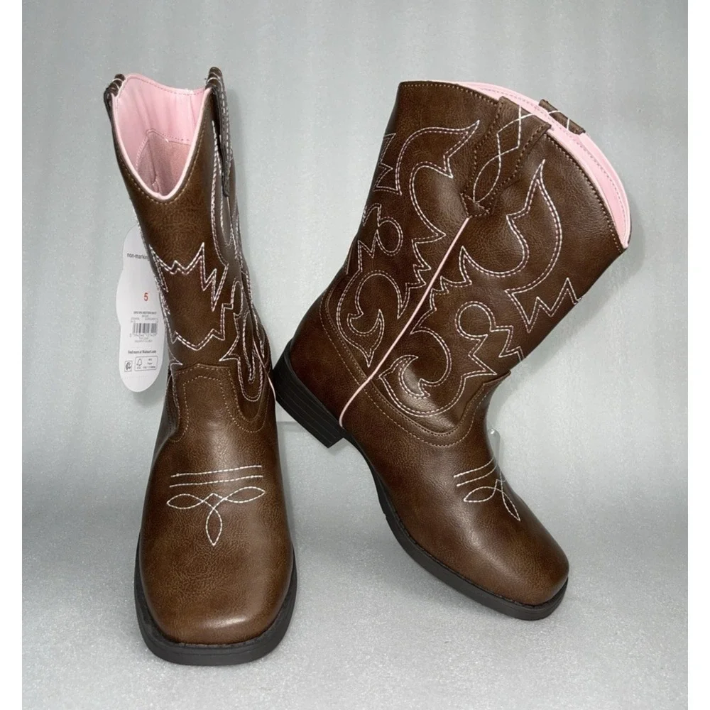 Wonder‎ Nation Brown Pull-on Square Toe Cowboy Cowgirl Boots Big Girls Size 5
